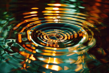 Poster - A lens hovering above a reflective surface, casting intricate light patterns that ripple like water,