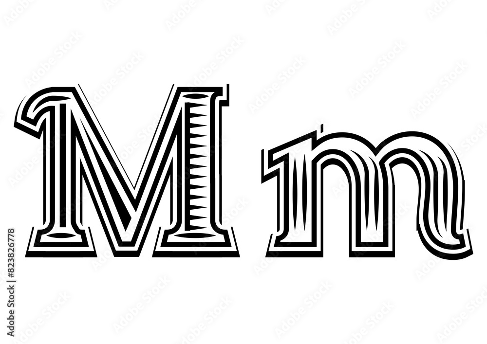 Font tattoo engraving letter M black and white PNG illustration