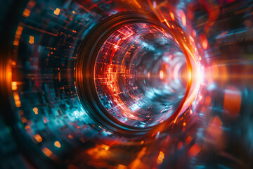 Poster - Illustration of a lens emitting laser-like beams that intersect and create a grid of glowing geometric shapes,