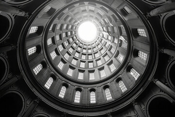 Leinwandbilder - A lens at the center with radiating concentric circles, each circle intersected by precise geometric lines,