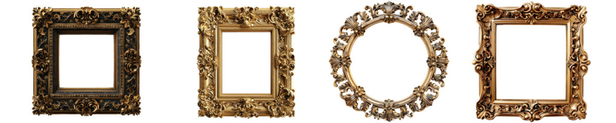 Set of golden vintage frames isolated on white background, clipart. Png collection with transparent background, cutout.