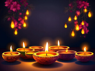 Wall Mural - illustration of the Diwali festival of lights tradition Diya oil lamps against a dark background design.