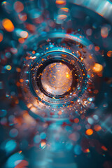 Aufkleber - Abstract depiction of a lens surrounded by an array of kinetic shapes and colors, each element in constant motion,