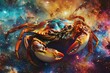 © juliars - Vibrant cosmic crab nebula digital illustration with surrealistic fantasy animal in a galactic starry sky background, representing astrological sign cancer in the universe