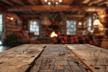 Wall Mural - A wooden coffee table in the foreground with a blurred background of a rustic cabin living room. The background features a stone fireplace, cozy couches with plaid blankets and wooden beams