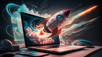 Rocket coming out of laptop screen background wallpaper concept.- generative AI 