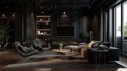 Black and golden themed living room interior - Black furniture and walls , aesthetic vibes