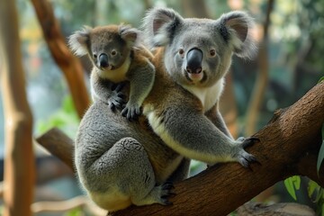 Wall Mural - Koala bear with a baby on its back, photographed in the Australian forest. Cute animal portrait, natural greenery in the background. Horizontal. Space for copy. 