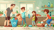 © @foxfotoco - Cartoon Style Illustration of a Happy Family Recycling Together at Home
