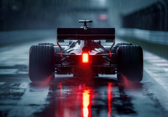 Wall Mural - A Formula 1 car is partially visible from the back in a photo, with the broken brake light on and glowing red. The road is wet.