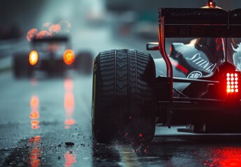 Wall Mural - A Formula 1 car is partially visible from the back in a photo, with the broken brake light on and glowing red. The road is wet.