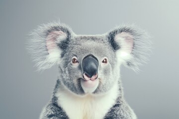 Wall Mural - Close-up portrait of a koala laughing with its mouth open, funny animal studio photography. The animal is isolated against a grey background. Horizontal. Space for copy. 