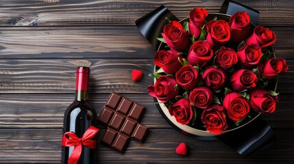 Canvas Print - a bouquet of vibrant red roses, a bottle of wine, and heart-shaped chocolates arranged tastefully on a wooden backdrop.