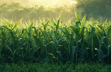 Wall Mural - A vibrant green cornfield under the warm sunlight, with rows of tall and lush crops swaying gently in the breeze