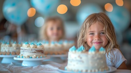 Cute girl with a mischievous smile sitting between two birthday cakes, conveying a feeling of joy and celebration