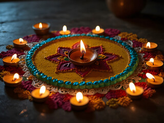 Wall Mural - Festival brilliance! Diwali celebration with diya oil lamps illuminated on a colorful rangoli design.