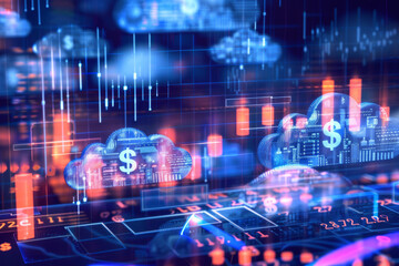 Wall Mural - A visual representation of cloud icons overlaid with dollar signs and financial charts, illustrating the concept of cost management and optimization in cloud computing. 