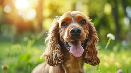 Wall Mural - Dog (English Cocker Spaniel). Isolated on green grass in park