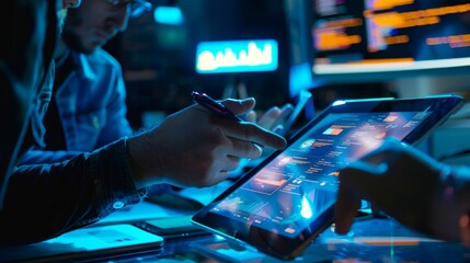 of two tech startup founders discussing app developments on a tablet, tweaking features based on feedback from the development team working in the background, office, business, wit