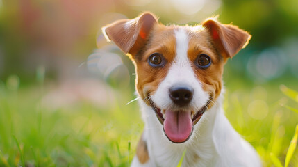 Wall Mural - Small dog (Jack Russell Terrier). Isolated on green grass in park