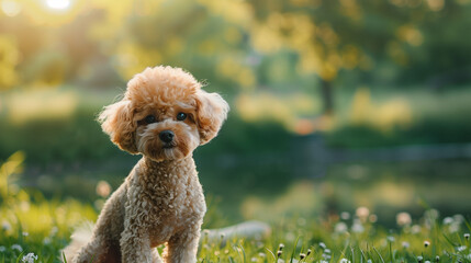 Wall Mural - Dog (Miniature Poodle). Isolated on green grass in park
