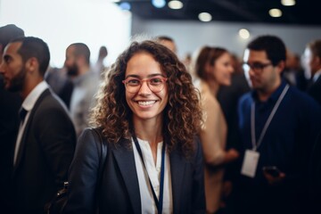 Wall Mural - A businesswoman in professional suit outfits with glasses is smiling while greeting others in a business meeting conference. Generative AI.