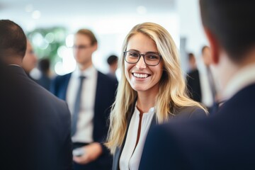 Wall Mural - A businesswoman in professional suit outfits with glasses is smiling while greeting others in a business meeting conference. Generative AI.