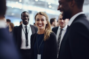 Wall Mural - A businesswoman in professional suit outfits with glasses is smiling while greeting others in a business meeting conference. Generative AI.