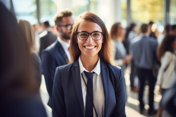 Wall Mural - A businesswoman in professional suit outfits with glasses is smiling while greeting others in a business meeting conference. Generative AI.