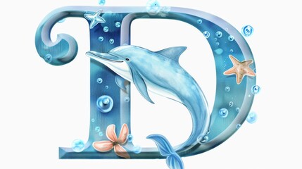 Wall Mural - A blue dolphin is swimming in the ocean and is above the letter D