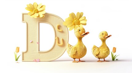 A yellow duck is standing in front of the letter D