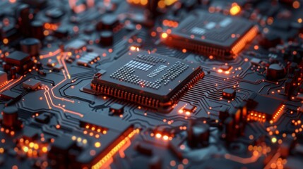 Poster - A detailed close-up view of microchips and electronic components on a circuit board, illuminated with orange lights.