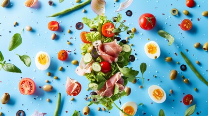 vibrant advertising banner with nicoise salad ingredients floating in mid air - fresh summer food co