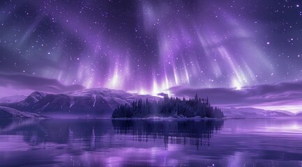 Wall Mural - A purple sky with stars, reflecting on the lake surface.