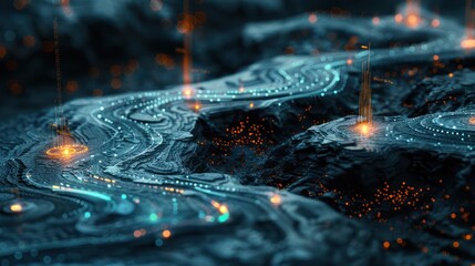 Wall Mural - A futuristic topographical map with glowing neon lines and lights, resembling a digital landscape or sci-fi terrain.