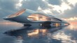 © KICKINN.AI - Striking Futuristic Concrete Architecture with Floating Design Reflecting in Dramatic Sunset Sky