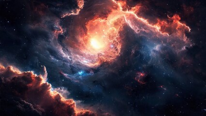Wall Mural - Vibrant cosmic scene with a bright supernova star, swirling clouds of red, orange, and blue hues against a dark space background.