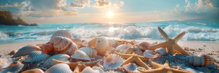 Wall Mural - Beautiful beach scene with seashells and starfish on the sand at sunrise, perfect for coastal and nature themes, vacation inspirations, and serene seascapes.