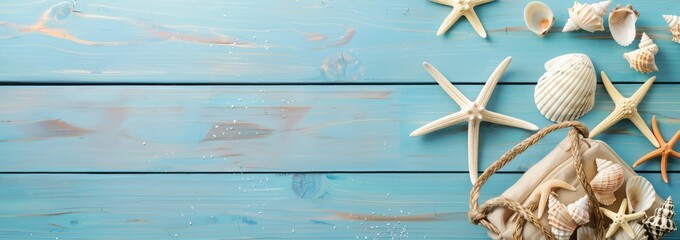 Wall Mural - Blue wooden background decorated with starfish and seashells, perfect for summer vacation, beach themes, and coastal decor designs.