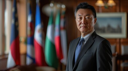 The picture of the asian man is working as the diplomat inside the room that has been filled with many national flag, the diplomat require skill like Negotiation, Communication and Leadership. AIG43.