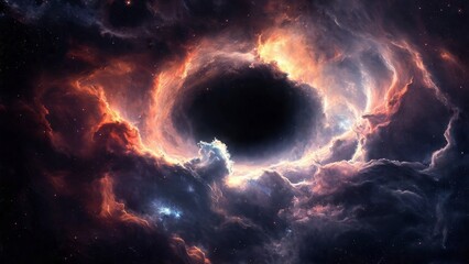 a vivid cosmic scene featuring a black hole surrounded by swirling clouds of stardust and bright cel