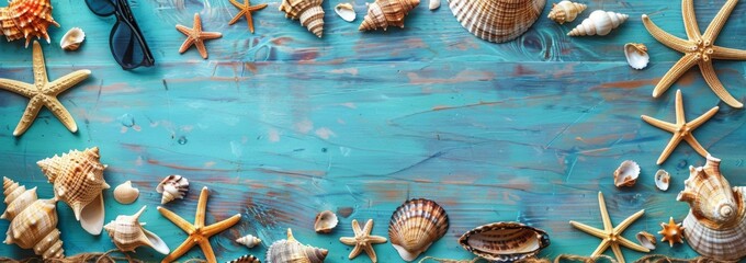 Blue wooden background decorated with starfish and seashells, perfect for summer vacation, beach themes, and coastal decor designs.