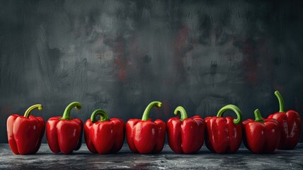 Wall Mural - A row of vibrant red bell peppers arranged creatively against a dark, textured background.