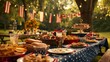 © Johannes - showing a table laden with traditional American fare, adorned with red, white, and blue decorations, while guests serve themselves in a festive outdoor setting, Memorial Day, Indep