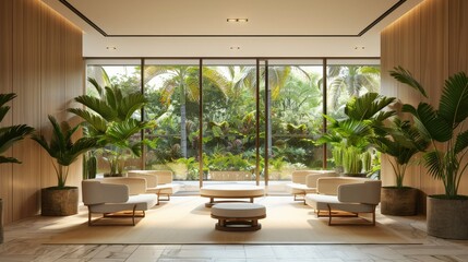 The image shows a modern hotel lobby with a large glass window looking out onto a tropical garden