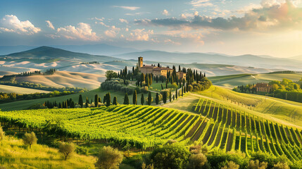 Tuscany's natural beauty shines as lush vineyards and rolling hills are bathed in golden sunset glow