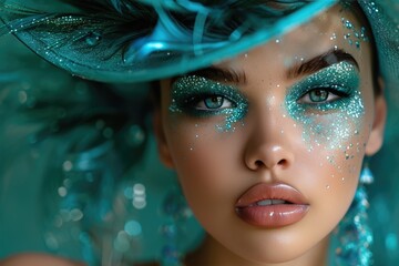 Poster - Teal Elegance Unleashed: Model Radiates in Glittering Splendor