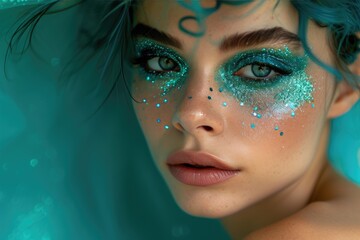 Poster - Mesmerizing Teal Sparkle: Model in Glitter Makeup and Dress