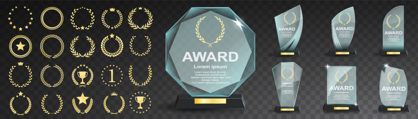 Glass award trophy set. Transparent prize template. Winner first place concept. Vector illustration. Winner glass trophy. First place award, crystal prize and signed acrylic trophies. Glass awarding t