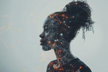 Wall Mural - black woman and communication network ai and technology double exposure wide angle banner design